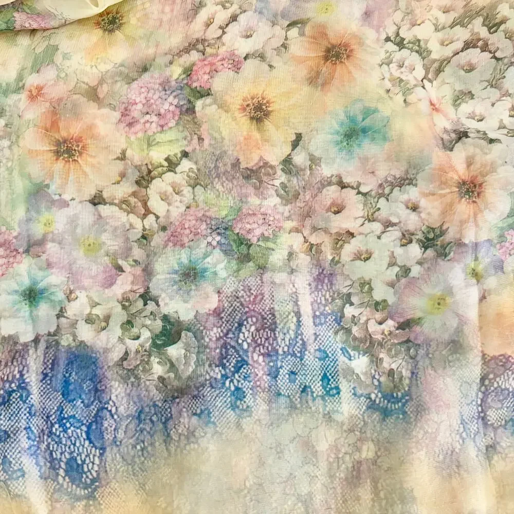 Impressionist Floral  !00% Silk Large Scarf Wrap Shawl Yellow Cottage  56 x 54